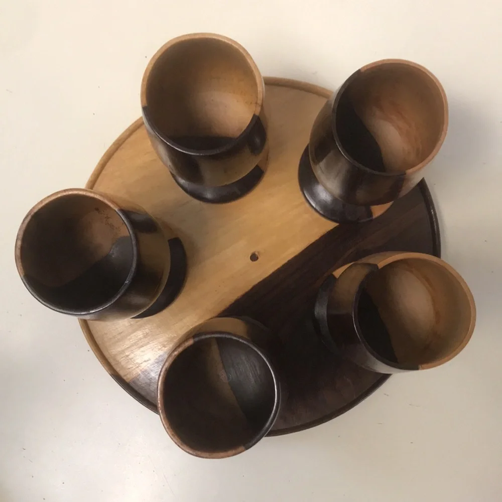 Vintage Wooden Wine Goblets (5)‎ with Tray